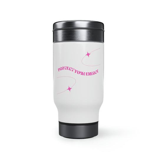 Pink. Protect Your Energy Travel Mug with Handle, 14oz