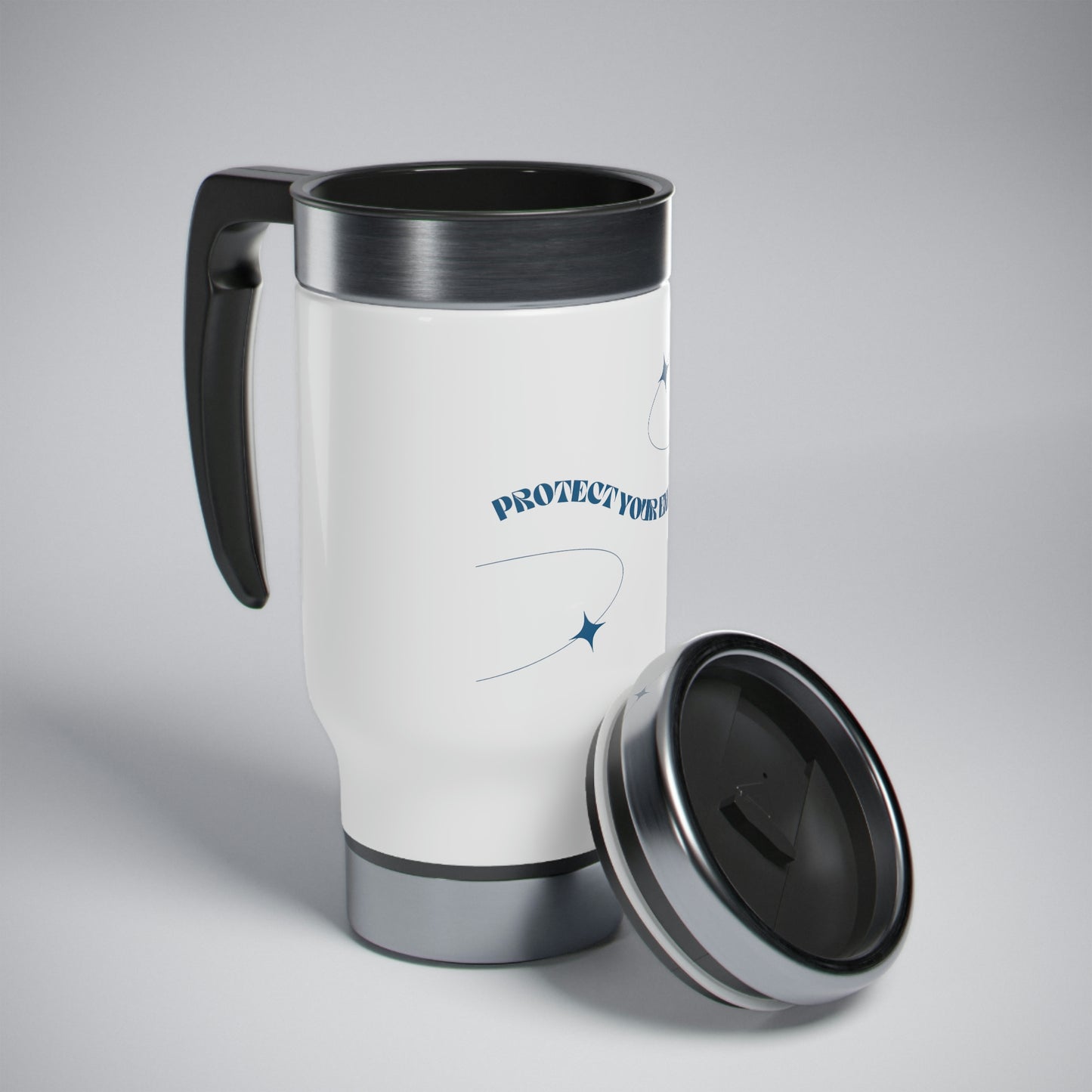 Blue Protect Your Energy Travel Mug with Handle, 14oz
