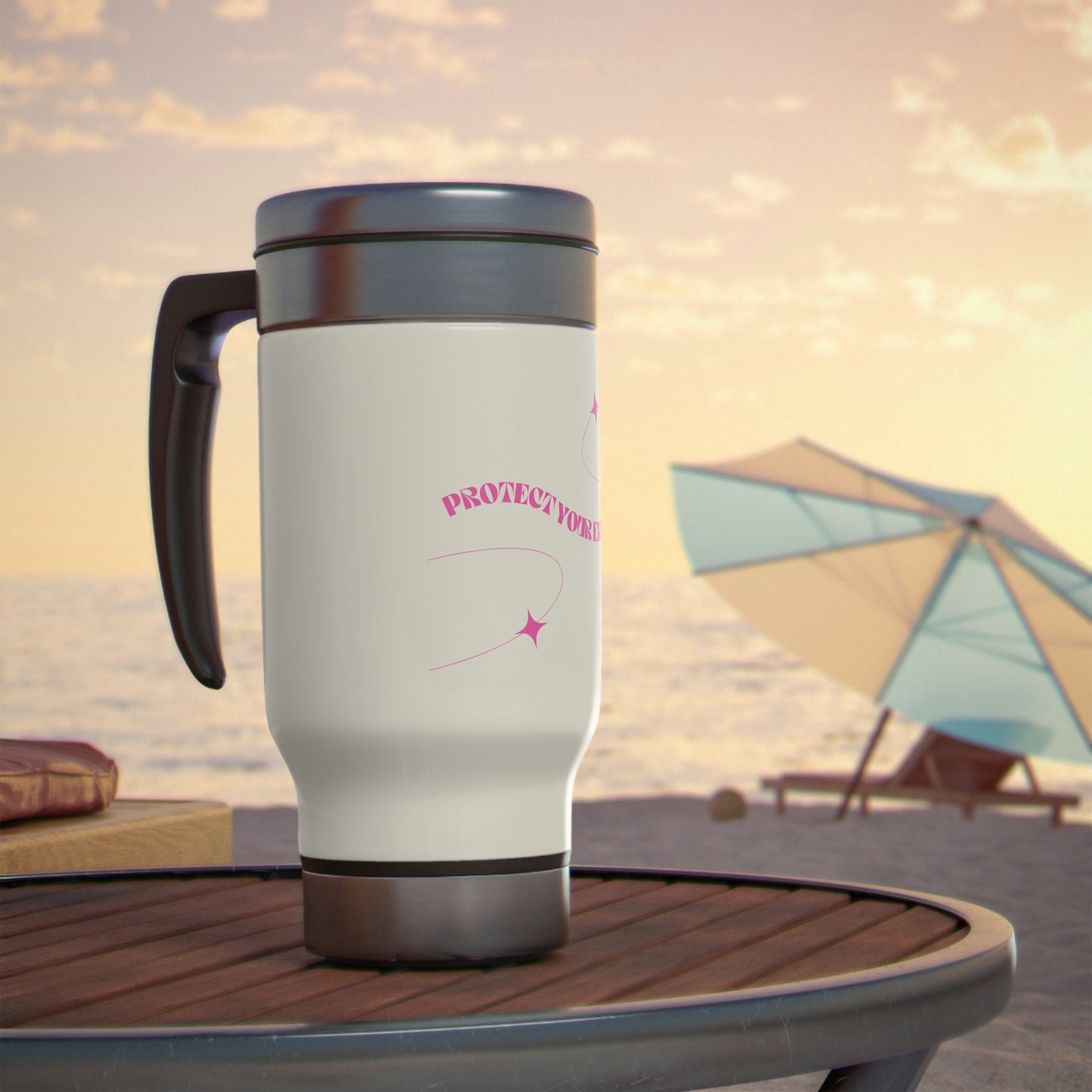 Pink. Protect Your Energy Travel Mug with Handle, 14oz