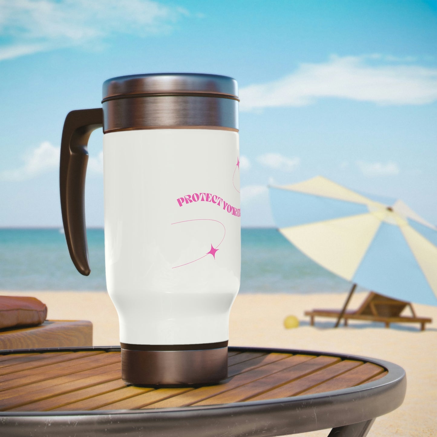 Pink. Protect Your Energy Travel Mug with Handle, 14oz