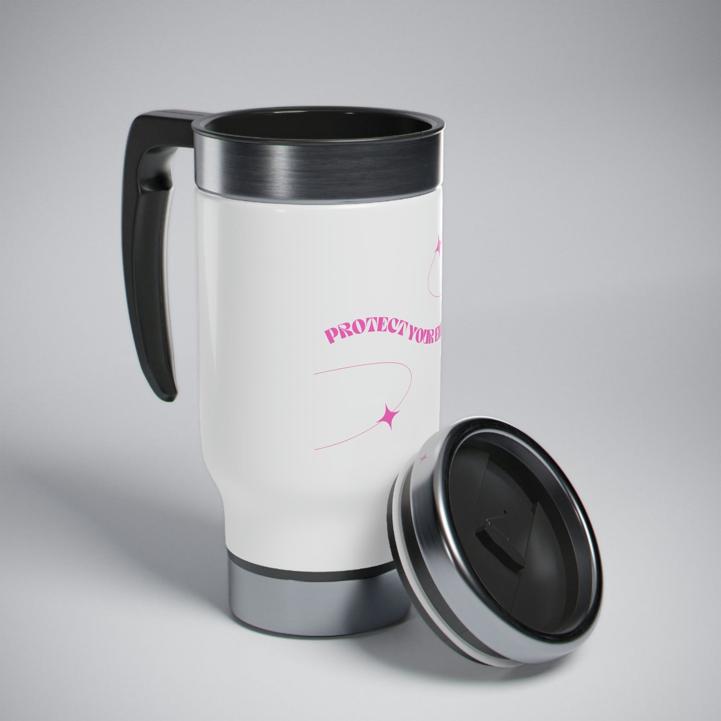 Pink. Protect Your Energy Travel Mug with Handle, 14oz